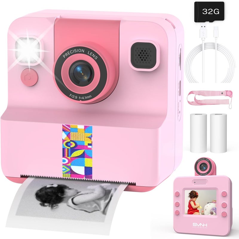 Sylvanthos Kids Camera Instant Print, Digital Camera for Kids, 180° Rotating Selfie Lens with 32GB SD Card & 2 Rolls Printing Paper Kids Toy Birthday Gifts for Boys Girls Ages 3-12, Pink - Image 1